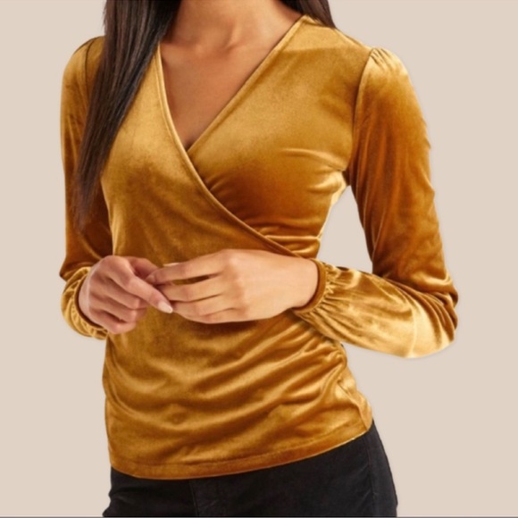 Boden Tops - Boden Ellie Velvet Faux Wrap Top size 2 Mustard Yellow Gold Ruched Sides